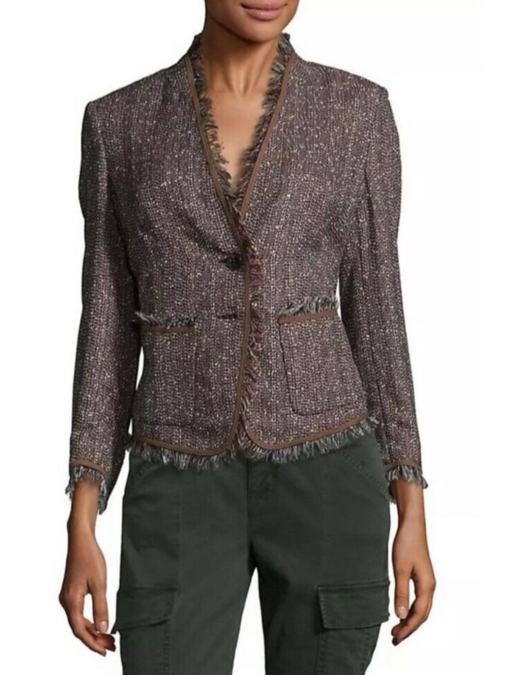 Escada Frayed Trim Tweed Jacket Blazer Brown Fall Size 36 US 6 S Small